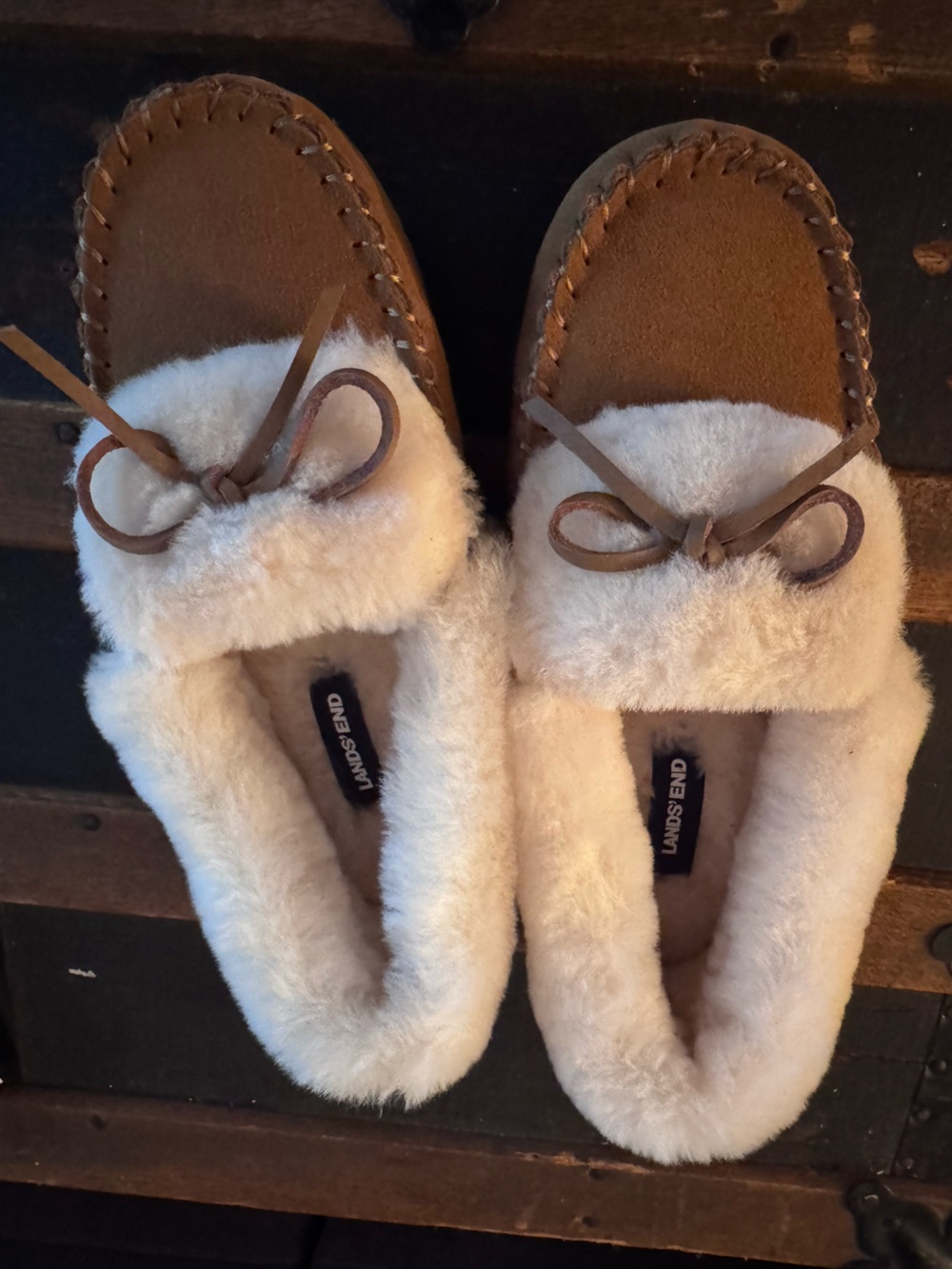 Lands' End Brown Suede Moccasin Slippers with Cream Fur Trim